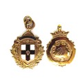 Two George V 9ct gold football fobs, both for the Ancaster cup, one with an enamel St. George's shie... 