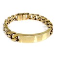 A 9ct gold heavy flat curb link bracelet, with unengraved name panel, 1.1cm wide by 21.3cm long incl... 