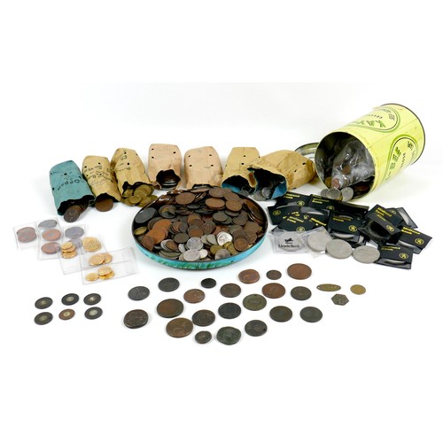 52A - A collection of GB and World copper, brass and mixed metal coins, including five Victoria One Penny ... 