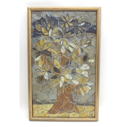 70 - A group of 20th century pictures, including a hexagonal tiled picture of a tree, 75 by 45cm, framed,... 