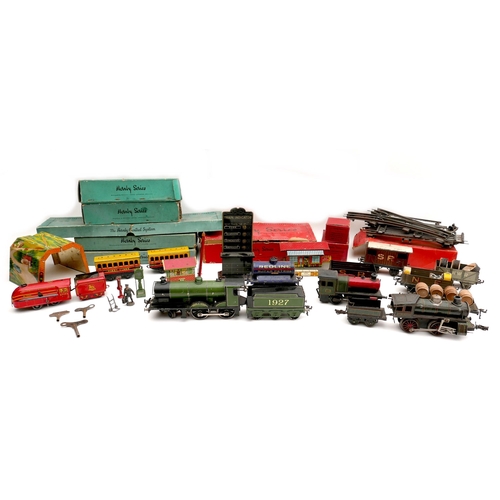 150 - A collection of O gauge tinplate railway, early 20th century, including a clockwork Bassett-Lowke 4-... 