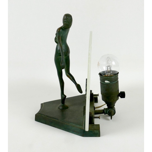 164 - An Art Deco bronze table lamp, in the style of Max Le Verrier, modelled as a young female nude stand... 