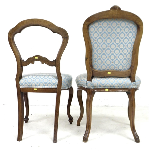 251 - A group of eight early 20th century dining chairs, with rosewood and walnut frames, all with upholst... 