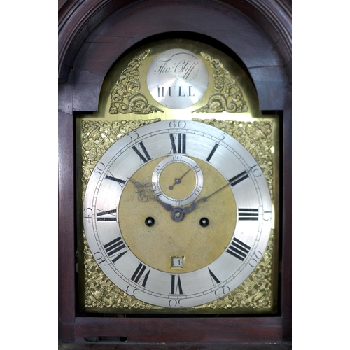 291 - A George III mahogany longcase clock, arched brass dial with applied silvered chapter ring and cast ... 