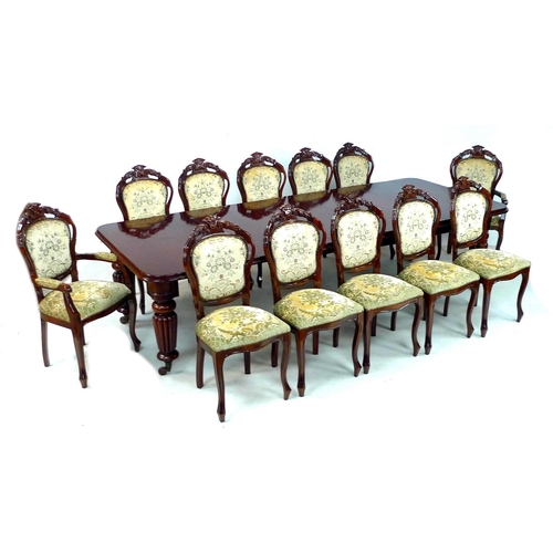 298 - A Victorian mahogany extending dining table, with three additional leaves, raised on turned and reed... 