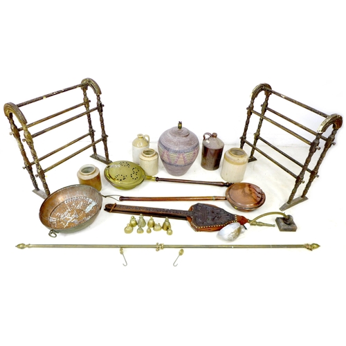 72 - A collection of copper and brass items, together with a pair of towel rails, 64.5 by 29 by 73cm high... 