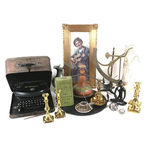 83 - A group of mixed collectables, including a19th century brass tripod quadrant paper scale, by F. Leun... 