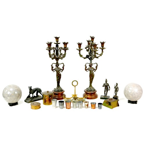 96 - A group of late 20th century and later ornaments, including a pair of bronzed metal Edwardian candel... 