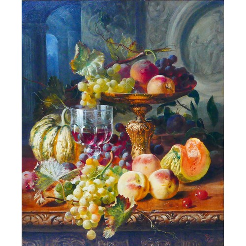 Jenny Augustine Reys-Allais (French, b. 1798): still life with fruit and wine glass, signed with monogram and dated 1860 lower right, oil on board, 59 by 49cm, in a gilt swept frame, 74 by 64cm.