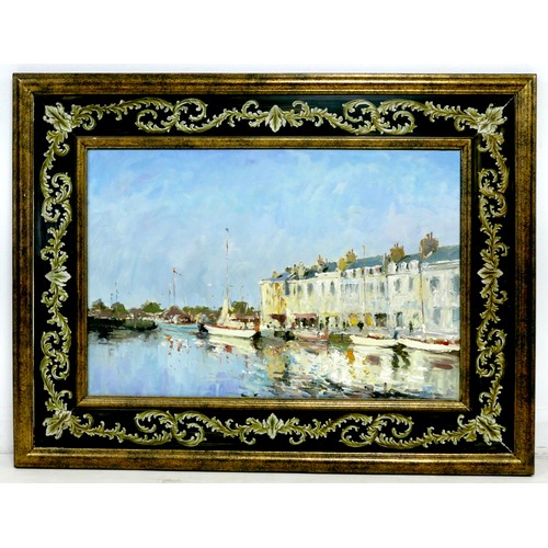 80 - Continental School (late 20th century): harbour scene, depicting moored boats and buildings to the w... 