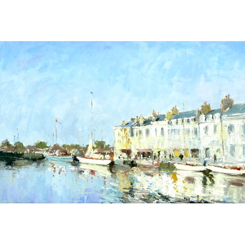 80 - Continental School (late 20th century): harbour scene, depicting moored boats and buildings to the w... 