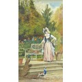 J. Lowe (British School, early 20th century): depicting a woman stood in a garden feeding two peacoc... 