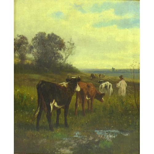 88 - William Frederick Hulk (Dutch, 1852-1906): country scene with cattle tended by a farmer, signed lowe... 