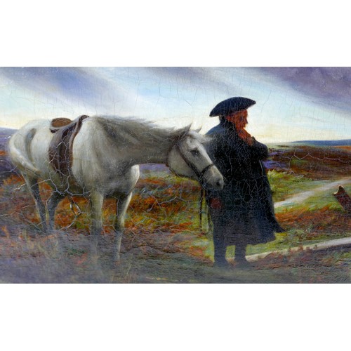 85 - Oswald Moser (British, 1874-1953): 'Lost Traveller', depicting a man standing with his grey horse by... 