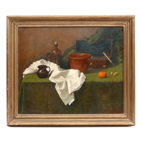 72 - Jeffery Courtney (British, 20th century): still life, depicting various object on a green cloth cove... 