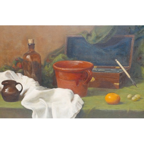 72 - Jeffery Courtney (British, 20th century): still life, depicting various object on a green cloth cove... 