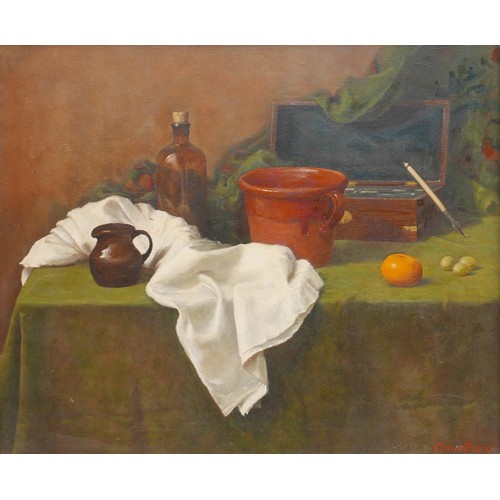 72 - Jeffery Courtney (British, 20th century): still life, depicting various object on a green cloth cove... 