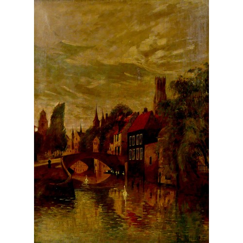 70 - Willem Leendert Bruckman (Dutch, 1866-1928): 'View of Bruges from the Quai Vert', oil on canvas, sig... 