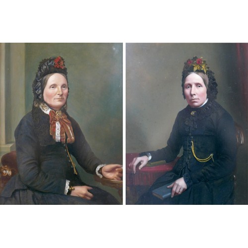 89 - A pair of Victorian portraits, both half length, each depicting a woman in black dress and bonnets, ... 