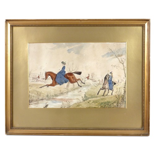36 - P. F. French: a 19th century hunting scene, with two ladies in blue dresses riding in the foreground... 