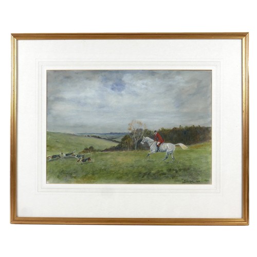 43 - Denis Aldridge (British, 1898-1985): a hunting scene, depicting a Huntsman on his grey mount followi... 