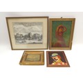 A group of pictures, including an oil on board of an Iberian lady, 33.5 by 23cm, framed, 39.5 by 28.... 