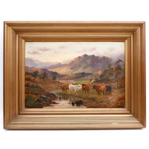 82 - Charles W. Oswald (British, active 1892-1900): Highland cattle scene, depicting six animals grazing ... 