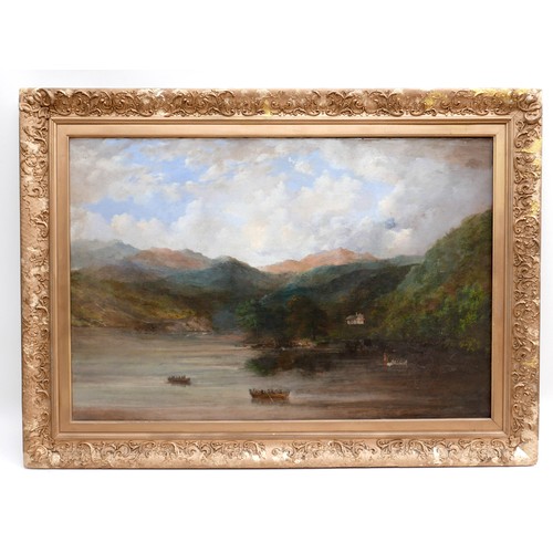 83 - British School (19th century): a mountainous lake landscape, with three rowing boats on the water, a... 