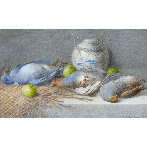 51 - William Cruikshank (British, 1848-1922): a still life with dead game, depicting a pigeon and a brace... 