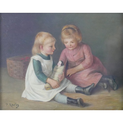 84 - P. Karby (19th century): two scenes of children playing, a pair of oils on panel, one depicting two ... 