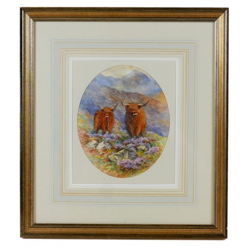 49 - Harry Davis (British, 1885-1970): Highland cattle in a Scottish landscape, signed lower right, water... 