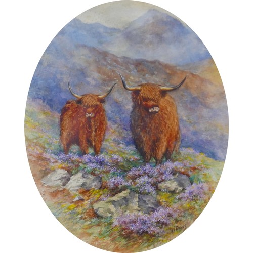 49 - Harry Davis (British, 1885-1970): Highland cattle in a Scottish landscape, signed lower right, water... 