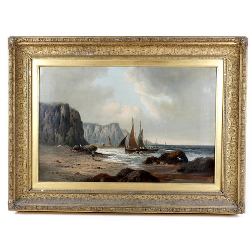 91 - British School (19th century): a seascape, with sailing boat approaching the beach, and several figu... 