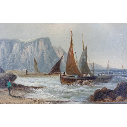 91 - British School (19th century): a seascape, with sailing boat approaching the beach, and several figu... 