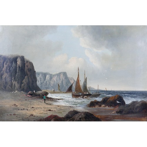 91 - British School (19th century): a seascape, with sailing boat approaching the beach, and several figu... 