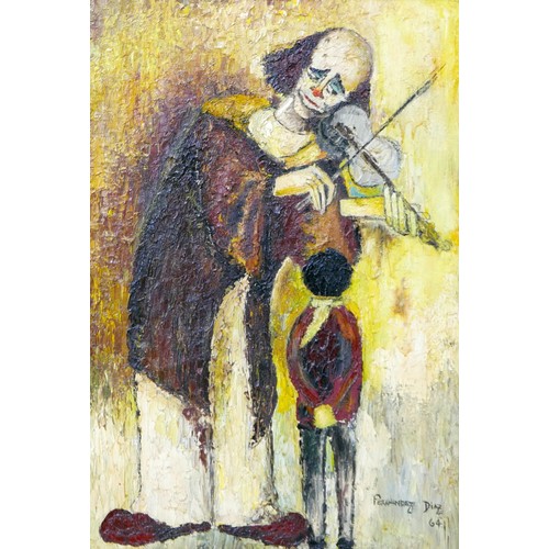 94 - Jenny Fernandez Diaz (b. 1935): Clown playing a violin, oil on canvas, signed and dated '64', 61.5 b... 