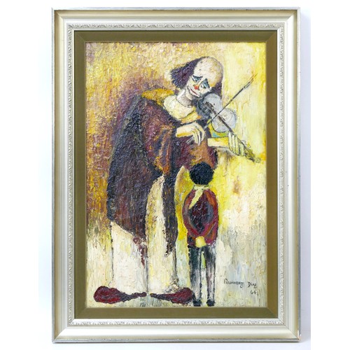 94 - Jenny Fernandez Diaz (b. 1935): Clown playing a violin, oil on canvas, signed and dated '64', 61.5 b... 