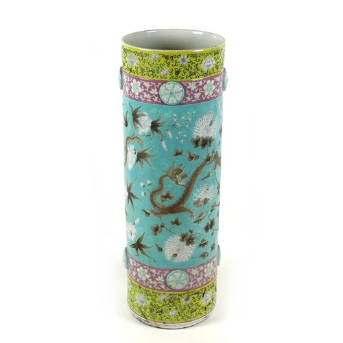 59 - A Chinese porcelain cylindrical vase, late 19th century, used as a stick stand, a/f base missing, da... 