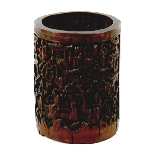 43 - A Chinese bamboo brush pot (bitong), 19th century, of cylindrical form, carved in relief with a land... 