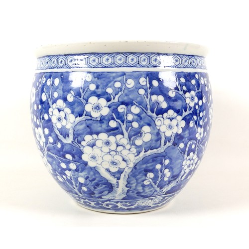 2 - A Chinese porcelain fish bowl, decorated in underglaze blue with prunus blossom against a cracked ic... 