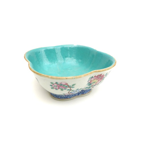 48 - A Chinese porcelain pedestal bowl, of four lobed form, decorated with floral sprays and peacocks, fo... 