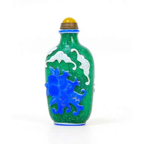 17 - A Chinese glass scent bottle, flashed blue and white, decorated with bats and pomegranates, green an... 