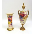 Two pieces of Royal Worcester by Kitty Blake, comprising a trumpet vase, painted with Autumn fruit, ... 