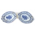 A pair of 18th century Worcester porcelain oval twin handled trays, moulded with blue and white pain... 