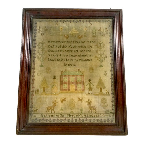 177 - A Victorian sampler, by Ann Hallam, dated 1816, 31.5 by 25.5cm, mounted, glazed, and framed, 37.5 by... 