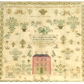 A George IV sampler, by E. Robinson, Aged 13, dated 1824, 52.5 by 56.5cm, mounted, and with birdseye... 