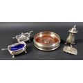 A group of George V and later silver wares, comprising an ERII wine coaster with oak base, 	M C Hers... 