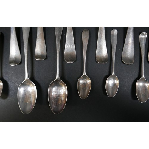 103 - A collection of Georgian silver table and tea spoons, some with shell, flame, and rat tail bowls, va... 