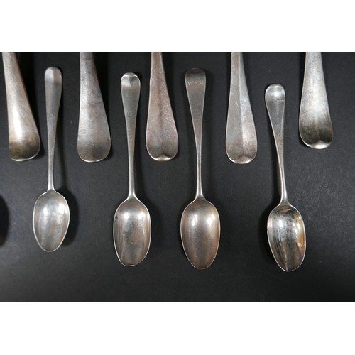 103 - A collection of Georgian silver table and tea spoons, some with shell, flame, and rat tail bowls, va... 