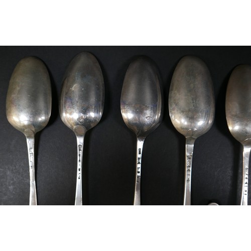 103 - A collection of Georgian silver table and tea spoons, some with shell, flame, and rat tail bowls, va... 